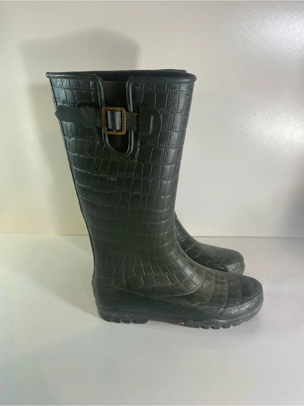 Sperry Top Sider Faux Crocodile Green Rubber Rain Boots Size 8